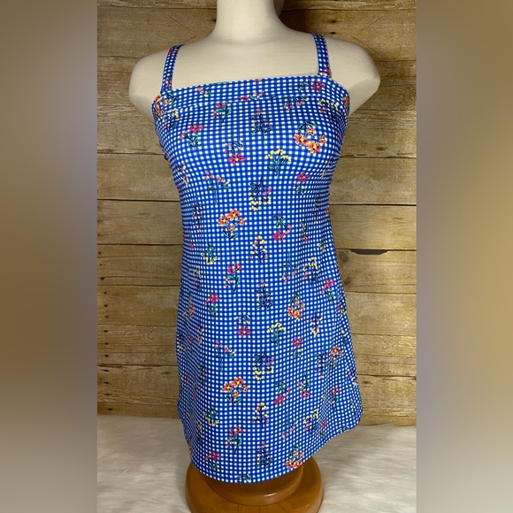Lands End sz 2 Bandeau Dresskini Swimsuit Top Removable Straps Gingham Floral - Picture 1 of 8